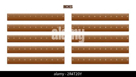 Realistische verschiedene Holzlineale mit Messskala und Teilungen messen Markierungen. Schullineal, Zentimeter- und Zoll-Skala für Längenmessungen Stock Vektor