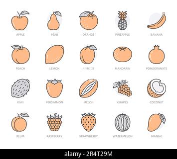 Symbole für Früchte, Beere mit flacher Linie gesetzt. Orange, Erdbeere, Ananas, Mango, Zitrone, Illustrationen zu Kiwi, Apfel, Trauben. Umrisse Zeichen für Bio Stock Vektor