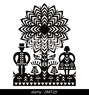 Polnisches Volkskunst-Vektormuster mit Mann mit Hut, Frau und Vögeln Kurpiowskie Leluje Wycinanki - Kurpie-Papier schneidet das Design in Schwarz und Weiß aus Stock Vektor