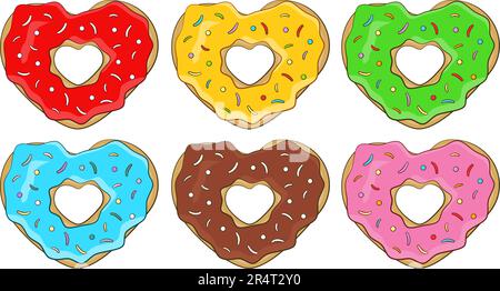 Set mit bunten herzförmigen Donuts. Vektordarstellung Stock Vektor