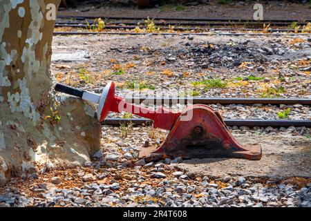 Bahnübergang am Bahnhof Soller. Tren de Soller, historischer Zug, der Palma de Mallorca mit Soller, Mallorca und Baleari verbindet Stockfoto