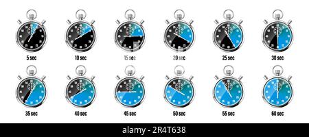 Realistische klassische Stoppuhr. Glänzendes Metall-Chronometer, Zeitzähler mit Skala. Blauer Countdown-Timer zeigt Minuten und Sekunden an. Zeitmessung für Stock Vektor
