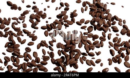 Kaffeebohnen fallen auf einen weißen Hintergrund. Geröstete Kakaobohnen. 3D-Rendern Stockfoto