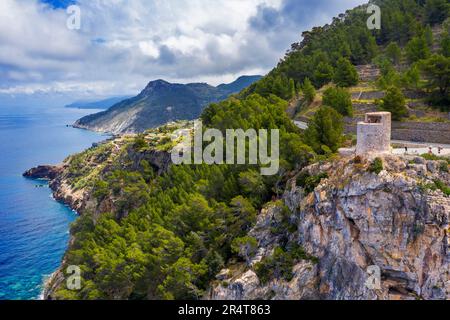 Mirador Torre del Verger oder Torre de ses Animes in der Nähe von Banyalbufar, Westküste, Mallorca, Spanien Stockfoto