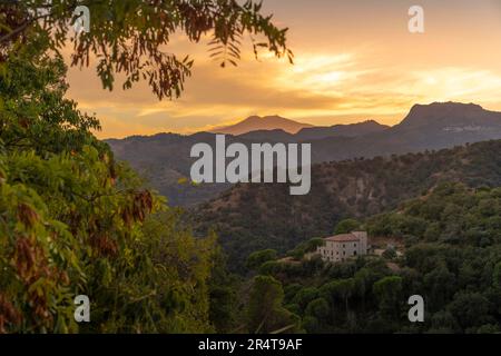 Blick auf den Ätna von Savoca bei Sonnenuntergang, Savoca, Messina, Sizilien, Italien, Europa Stockfoto