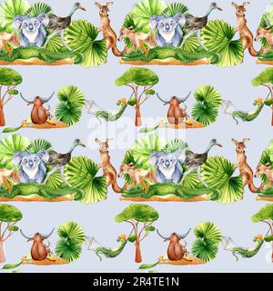 Nahtloses Muster von Cartoon-Tieren mit blau isolierter Aquarellfarbe. Süßer Koala, emu, Känguru, Bullon-Sommerruhe, handgezeichnet. Designelement für Druck, w Stockfoto