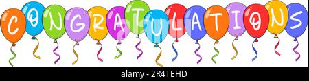 Gratulation Schriftzug mit bunten Ballons. Zeichentrickfilm. Vektordarstellung. Isoliert auf weißem Hintergrund Stock Vektor