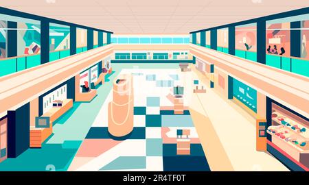 Modernes Einzelhandelsgeschäft mit vielen leeren Geschäften, keine Leute, Einkaufszentrum, horizontal innen Stock Vektor