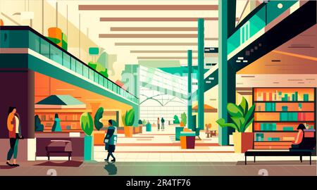 Modernes Einzelhandelsgeschäft mit vielen Geschäften, Einkaufszentrum, innen horizontal Stock Vektor