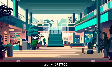 Modernes Einzelhandelsgeschäft mit vielen leeren Geschäften, keine Leute, Einkaufszentrum, horizontal innen Stock Vektor