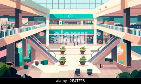Modernes Einzelhandelsgeschäft mit vielen leeren Geschäften, keine Leute, Einkaufszentrum, horizontal innen Stock Vektor