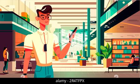 Gelegenheitsmann, der in einem modernen Einzelhandelsgeschäft mit vielen Geschäften, einem Einkaufszentrum, das horizontal ausgerichtet ist, ein Smartphone verwendet Stock Vektor