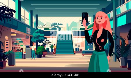 Gelegenheitsfrau, die Smartphone in einem modernen Einzelhandelsgeschäft mit vielen Geschäften und einer horizontalen Innenausstattung des Einkaufszentrums verwendet Stock Vektor