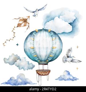 Heißluftballon fliegt in wässrigen Wolken. Drachen, Vögel und Wolken Träumer romantische Illustration Stockfoto