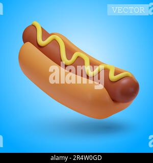 3D-Darstellung eines Hot Dog mit Senf. Fastfood. Fettiges, ungesundes, ungesundes Essen. Leuchtende Illustration im Cartoon-, Plastik-, Ton-3D-Stil. Isoliert Stock Vektor