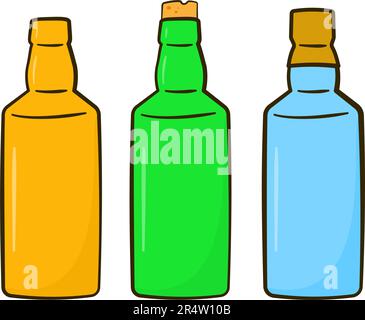 Fläschensatz in verschiedenen Farben. Zeichentrickfilm. Vektordarstellung. Isoliert auf weißem Hintergrund Stock Vektor