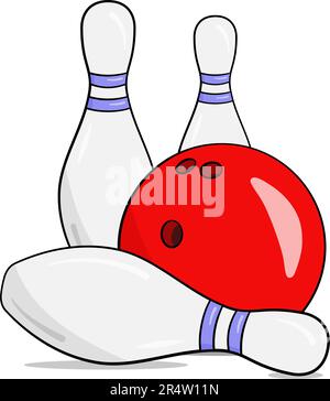 Grüne Bowlingkugel und drei Stifte. Zeichentrickfilm. Vektordarstellung. Isoliert auf weißem Hintergrund Stock Vektor