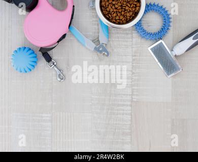 Pinkfarbene einziehbare Hundeleine, Nagelschneider, Kammaufsatz, Futter und blaue Spielzeuge auf dem Boden mit Kopierbereich Stockfoto