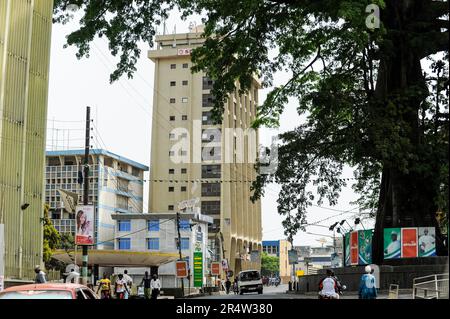 SIERRA LEONE, Freetown, Stadtzentrum, City Center, Einkaufsstraße und großer Baumwollbaum, der alte Baumwollbaum ist ein nationales Symbol für Freiheit und gegen Sklaverei Stockfoto