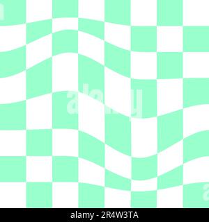 Verzerrte Schachbrettstruktur. Optische Täuschung mit Schachbrettmuster. Psychedelisches Schwindelmuster mit verformten grünen und weißen Quadraten. Komisches Schachbrett Stock Vektor