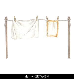 Eine weiße Wäscheleine mit sauberer Wäsche, die auf Holzstützen hängt. Aquarelldarstellung isoliert auf weißem Hintergrund. Geeignet für die Konstruktion von Stockfoto