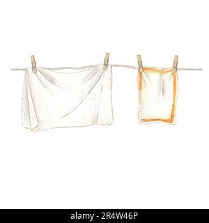 Eine weiße Wäscheleine mit sauberen Kleidern, die an Waschlappen hängen. Aquarelldarstellung isoliert auf weißem Hintergrund. Geeignet für die Konstruktion von Stockfoto