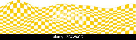 Gewellter karierter Hintergrund. Verformte Textur mit orangefarbenem und weißem quadratischem Muster. Welliges Schachbrett, Textilkaro, Fliesenboden. Optisch Stock Vektor