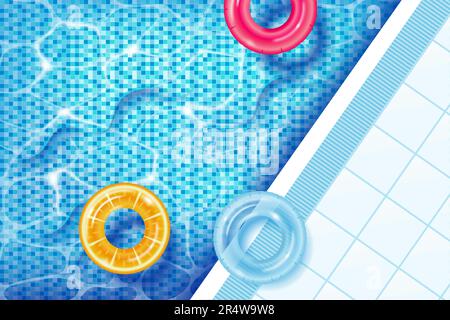 Aufblasbare Ringe am Poolwasser. Sommerzeitkonzept. 3D realistische Darstellung Stock Vektor