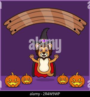 Niedliches Löwentier in Vampir Halloween Custome mit leerem Space Banner, Kürbissen und fliegender Position. Vektor Und Illustration. Stock Vektor