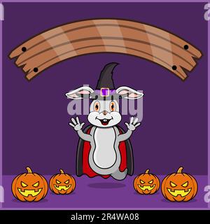 Niedliches Kaninchen-Tier in Vampir Halloween-Custome mit leerem Space-Banner, Kürbissen und fliegender Position. Vektor Und Illustration. Stock Vektor