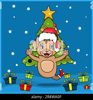 Niedliche Weihnachten Mit Tiermotiv Und Hundemotiv, Mit Socke Und Hut. Waldhintergrund. Perfekt für Hintergrund, Grußkarte, Etikett und Stock Vektor