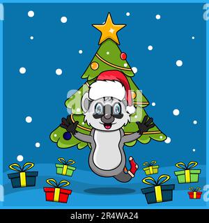 Niedliche Weihnachten Mit Tiermotiv Und Raccoon-Figur, Mit Socke Und Hut. Waldhintergrund. Perfekt Für Hintergrund, Grußkarte, Etikett Stock Vektor