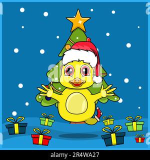 Niedliche Weihnachten Mit Tiermotiv Und Entenmotiv, Socke Und Hut Zu Weihnachten. Waldhintergrund. Perfekt für Hintergrund, Grußkarte, Etikett an Stock Vektor