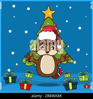 Niedliche Weihnachten Mit Tiermotiv Und Eulenmotiv, Mit Socke Und Hut. Waldhintergrund. Perfekt für Hintergrund, Grußkarte, Etikett und Stock Vektor