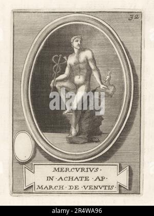 Römischer gott Merkur mit Caduceus und Hahn. In der etruskischen Religion, dem Boten gott und dem gott des Handels Turms. Römischer Quecksilber, Griechischer Hermes. Von einem eingravierten Achatstein. Mercurius in Achate AP March. De Venutis. Copperplate-Gravur von Francesco Valesio, Antonio Gori und Ridolfino Venuti's Academia Etrusca, Museum Cortonense in Quo Vetera Monumenta, (etruskische Akademie oder Museum von Cortona), Faustus Amideus, Rom, 1750. Stockfoto