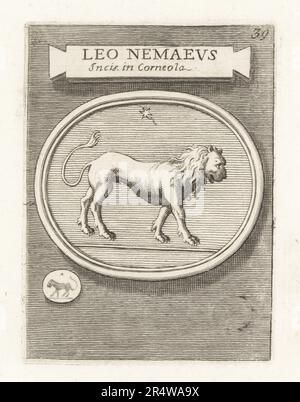 Der nemeanische Löwe, der von Herakles getötet wurde, in der griechischen Mythologie. Von einem gravierten Edelstein aus Cornelia. Leo Nemaeus Incis. In Corneola. Copperplate-Gravur von Francesco Valesio, Antonio Gori und Ridolfino Venuti's Academia Etrusca, Museum Cortonense in Quo Vetera Monumenta, (etruskische Akademie oder Museum von Cortona), Faustus Amideus, Rom, 1750. Stockfoto