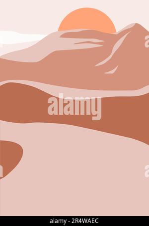 Abstrakte Landschaft. Berge und Sonnenuntergang. Kunstdrucke an den Wänden. Beige Vektordarstellung. Bedruckbare künstlerische Bo-Ho-Wandkunst Wohndekor. Stock Vektor