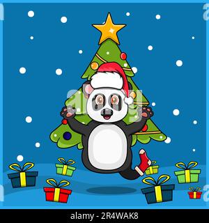 Niedliche Weihnachten Mit Tiermotiv Und Panda-Design, Socke Und Hut. Waldhintergrund. Perfekt für Hintergrund, Grußkarte, Etikett A Stock Vektor