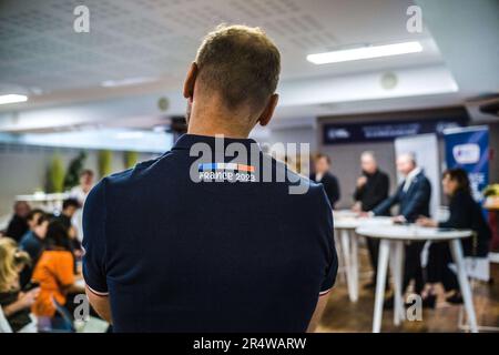 Toulouse, Frankreich. 30. Mai 2023. Pressekonferenz zur Rugby-Weltmeisterschaft 2023 mit Jean-Luc Moudenc, Bürgermeister von Toulouse, Veranstaltungen, die im Juni beginnen, um dieses große Ereignis zu feiern, sowie das Rugby-Dorf in Prairie des Filtres und die wichtigsten Veranstaltungen, die während des Wettbewerbs stattfinden werden. Frankreich, Toulouse am 20. Mai 2023. Foto: Patricia Huchot-Boissier/ABACAPRESS.COM Kredit: Abaca Press/Alamy Live News Stockfoto