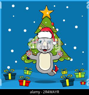 Niedliche Weihnachten Mit Tiermotiv Und Rhino-Schriftzug, Socken Und Hut Zu Weihnachten. Waldhintergrund. Perfekt Für Hintergrund, Grußkarte, Etikett Stock Vektor