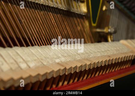 Innenteile einer alten Klaviernaht - Mechanik, Saiten. Selektiver Fokus. Details eines Musikinstruments von innen Stockfoto