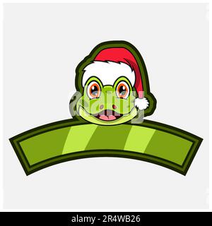 Frog Head Character Logo, Icon, Wasserzeichen, Abzeichen, Emblem und Etikett mit Weihnachtsmütze. Vektor Und Illustration. Stock Vektor