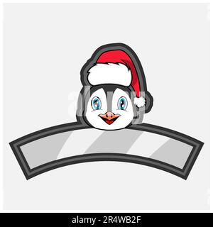 Penguin Head Character Logo, Icon, Wasserzeichen, Abzeichen, Emblem und Etikett mit Weihnachtsmütze. Vektor Und Illustration. Stock Vektor