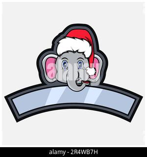 Elephant Head Character Logo, Icon, Wasserzeichen, Abzeichen, Emblem und Etikett mit Weihnachtsmütze. Vektor Und Illustration. Stock Vektor