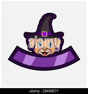 Niedlicher Hundekopf. Für Logo, Symbol, Abzeichen, Emblem und Etikett mit Hexenhut. Vektor Und Illustration. Stock Vektor