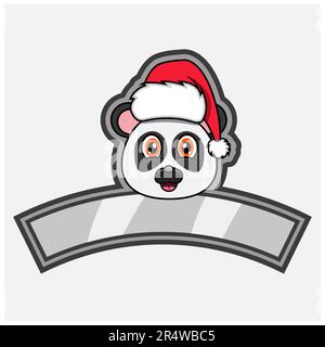 Panda Head Character Logo, Icon, Wasserzeichen, Abzeichen, Emblem und Etikett mit Weihnachtsmütze. Vektor Und Illustration. Stock Vektor