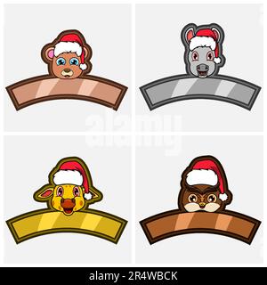 Stellen Sie Das Kopfzeichen Für Süße Tiere Ein. Für Logo, Icon und Label mit Weihnachtsmütze. Bär, Esel, Giraffe und Pinguin. Vektor Und Illustration. Stock Vektor