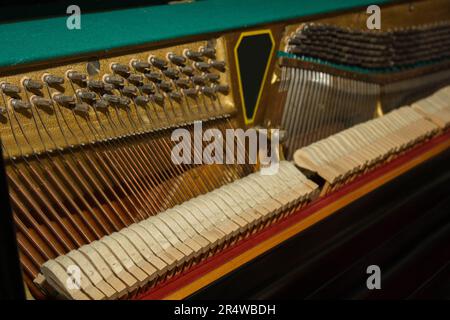 Eine Nahaufnahme der inneren Teile eines Klaviers oder Flügels. Selektiver Fokus. Details des Musikinstruments von innen. Hämmer und Schnüre rein Stockfoto