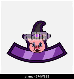 Niedlicher Schweinekopf. Für Logo, Symbol, Abzeichen, Emblem und Etikett mit Hexenhut. Vektor Und Illustration. Stock Vektor