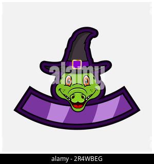 Niedlicher Krokodilkopf. Für Logo, Symbol, Abzeichen, Emblem und Etikett mit Hexenhut. Vektor Und Illustration. Stock Vektor